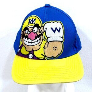 Super Mario Wario Snapback Hat Blue & Yellow Adjustable Flat Bill
